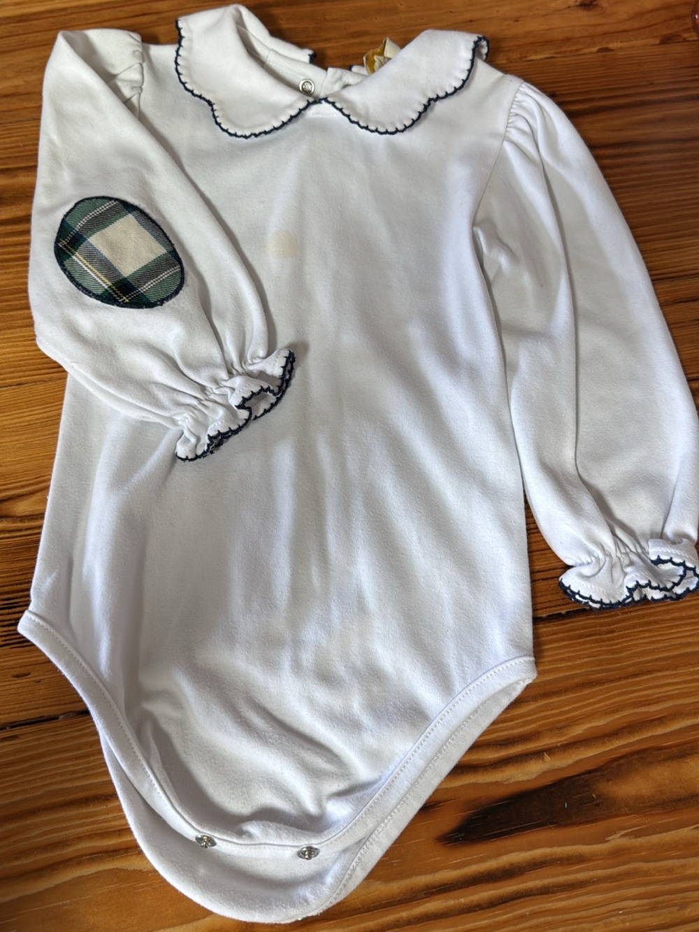 Beaufort Bonnet, White Baby Onesie w Scalloped Collar, Plaid Elbow Patch